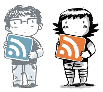 Two black and white cartoon characters, a boy and a girl, holding large RSS icons, asking you to love them