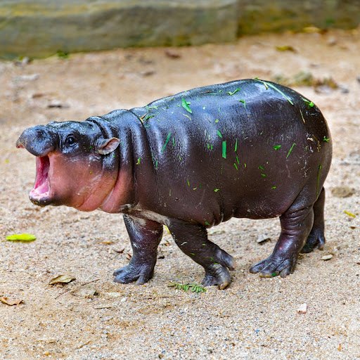 Beloved baby hippo Moo Deng walking and braying in the sand, adorned with festive bright green grass clippings