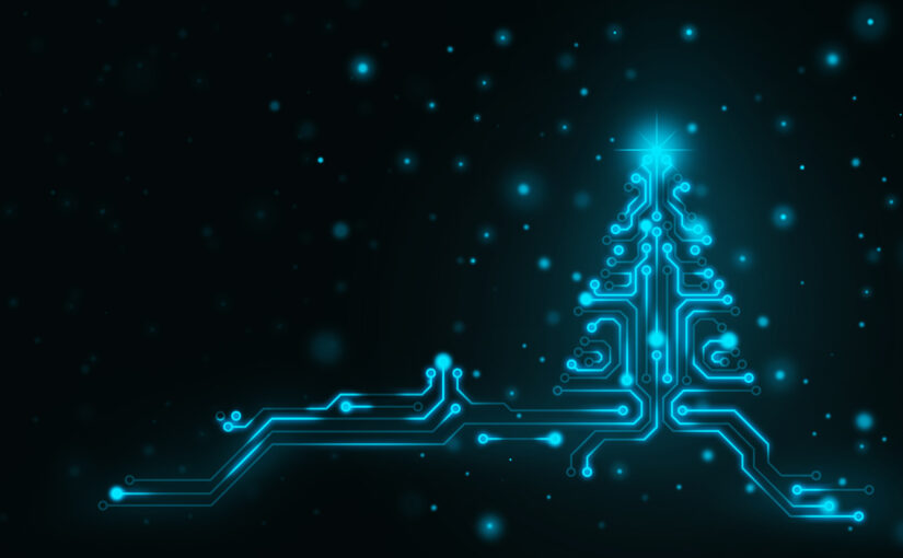 Stylized image of a neon blue Christmas tree on a black background, except the tree is like it's drawn on a printed circuit board.