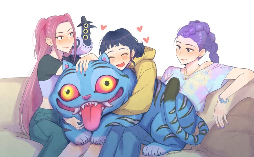 K-pop demon hunters Rumi, Mira and Zoey, finally on their couch with Jinu's cuddly demon pets tiger and magpie.