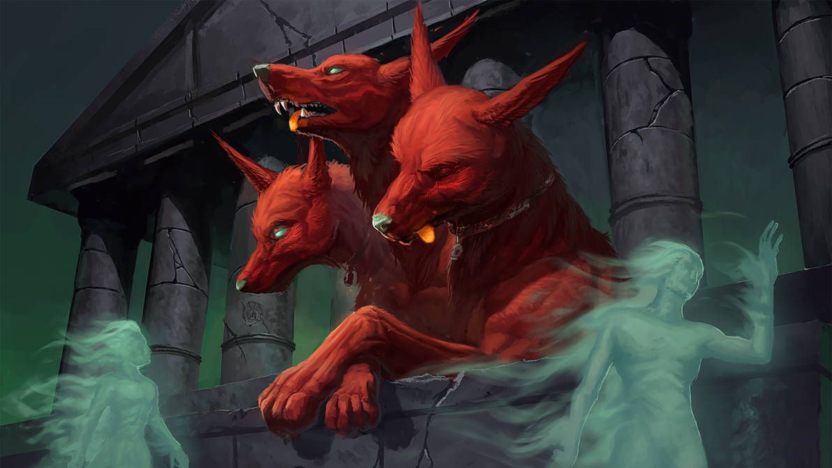 A painting of the three-headed hell hound (and very good boy), Cerberus.