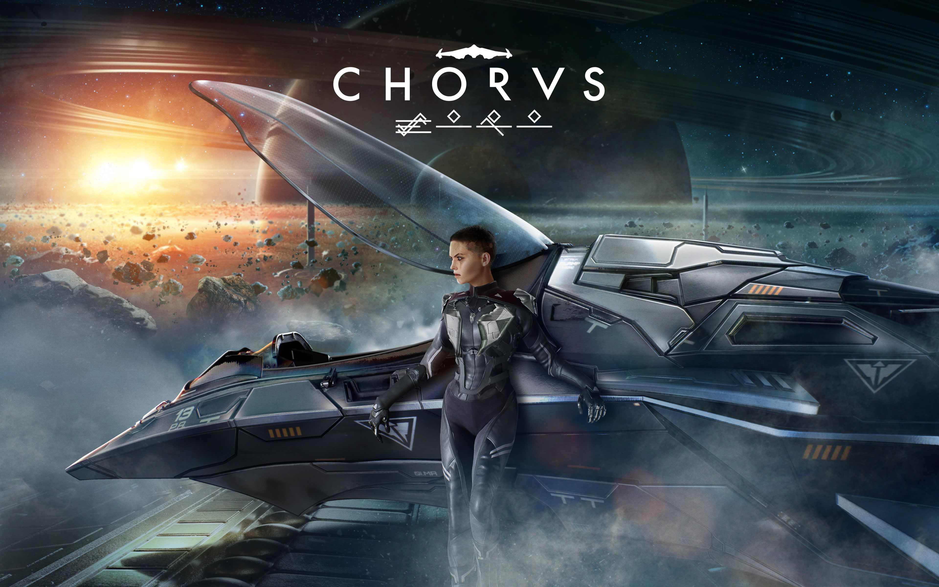 Artwork for the Chorus game. Sulky hero Nara is reclining against her sentient spaceship, Forsa. In the background is a decidedly improbable space environment, perhaps a ring around the planet you can see in the far back except you can see other rings over head and rings don't work like that.