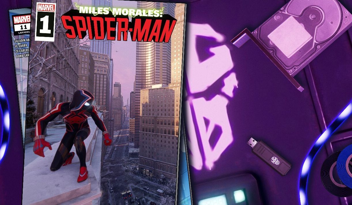 Screenshot from the Miles Morales Spiderman game pasted on a comic cover reading Miles Morales: Spider-Man, Issue 1.