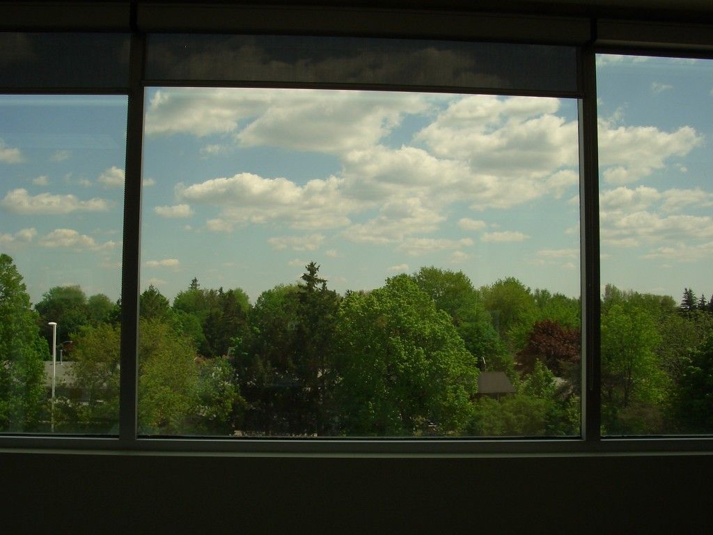 A photo out an office window with clouds, trees and rooftops