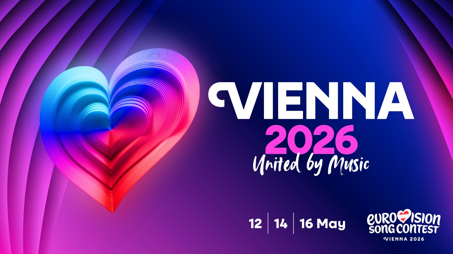 Logo for the 2026 Eurovision Song Contest hosted in Vienna, with the ironic byline 'United by Music'